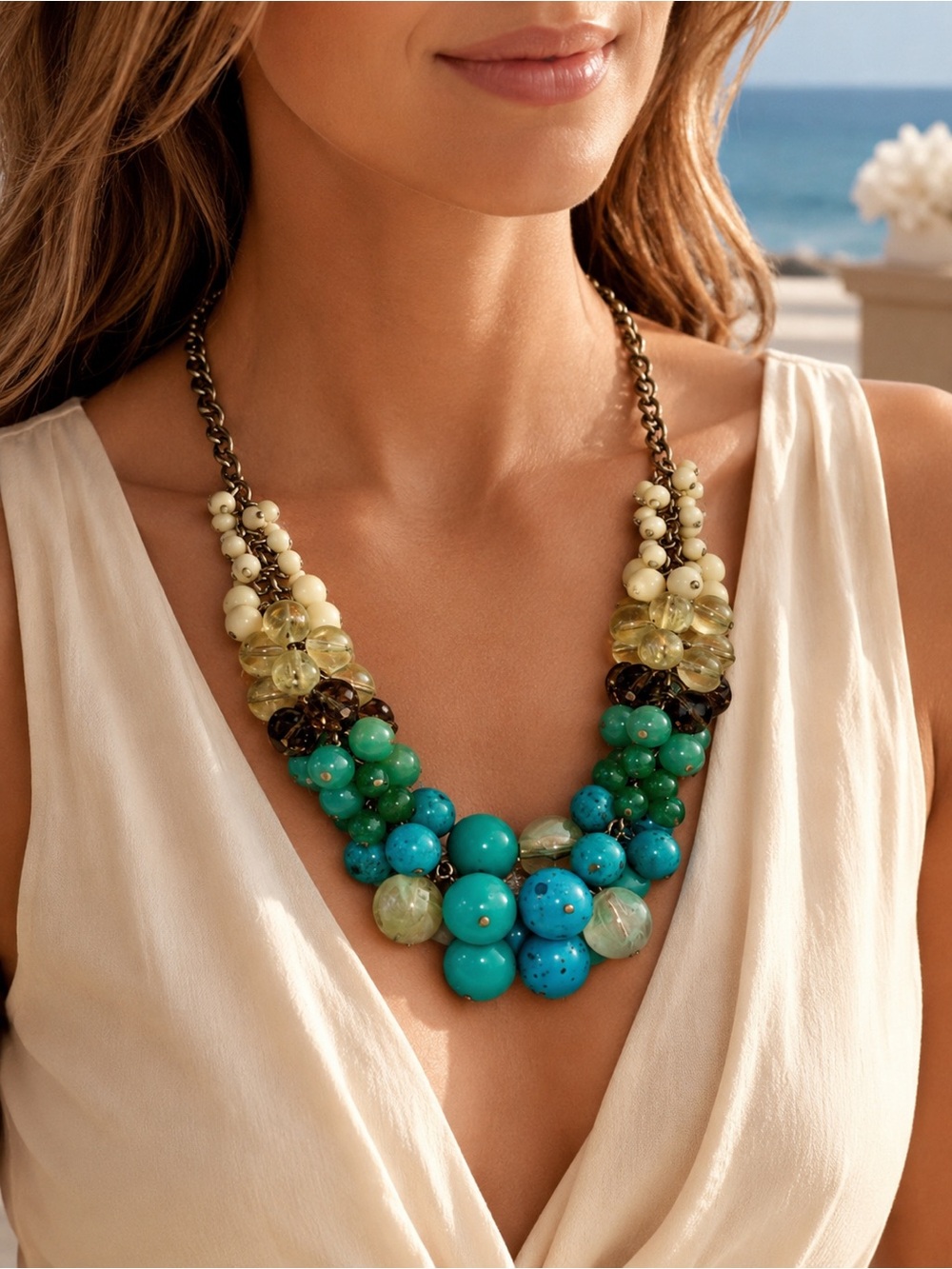 Lia Sophia Chunky Turquoise Beaded Bib Necklace | Coastal Boho